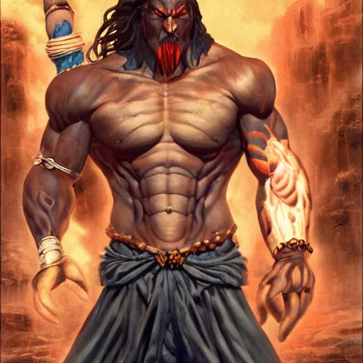 Image similar to jason momoa as dhalsim street fighter, ultra realistic, concept art, intricate details, highly detailed, photorealistic, octane render, 8 k, unreal engine, art by frank frazetta, simon bisley, brom