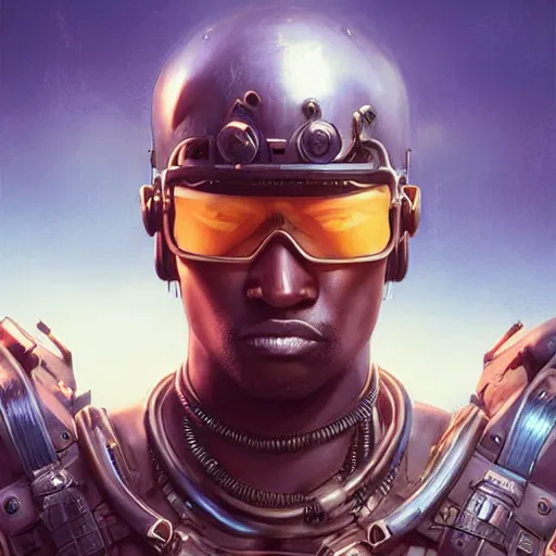 Prompt: african dieselpunk warlord, science fiction, highly detailed, digital painting, beautiful eyes, symmetry, concept art, sharp focus, illustration, global illumination, radiant light, detailed and intricate environment, art by artgerm and greg rutkowski and magali villeneuve and ilya kuvshinov!