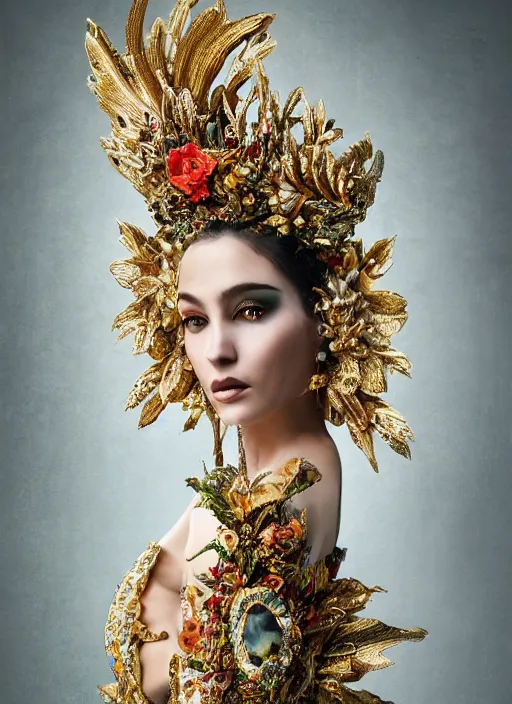 Prompt: expressive full body photo of a female model, ornate headpiece made from flowers, ornaments, glamour shot, by karol bak, by stefan gesell, photorealistic, canon r 3, fashion photography, hyper maximalist, elegant, ornate, luxury, elite, environmental portrait, symmetrical features, octane render, unreal engine