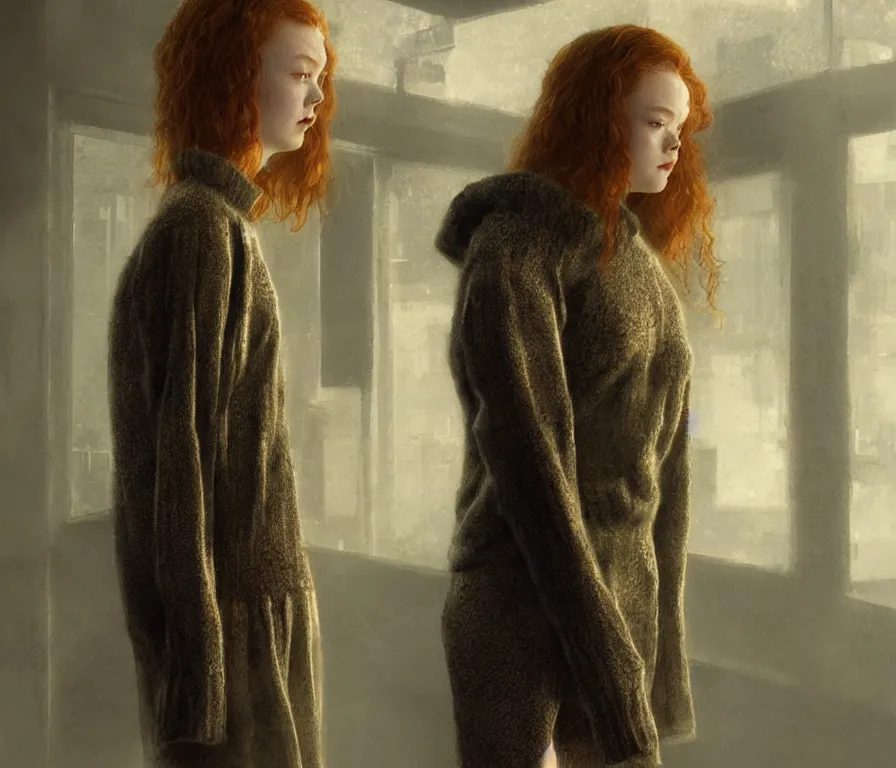 Prompt: sadie sink in old sweater and miniskirt : costume design for a scifi cyberpunk film. by greg rutkowski, john j. park, jason chan, noah bradley, feng zhu, gintas galvanauskas, gustave courbet, rosa bonheur, edward hopper. sharp focus, cinematic atmosphere, detailed and intricate, perfect anatomy