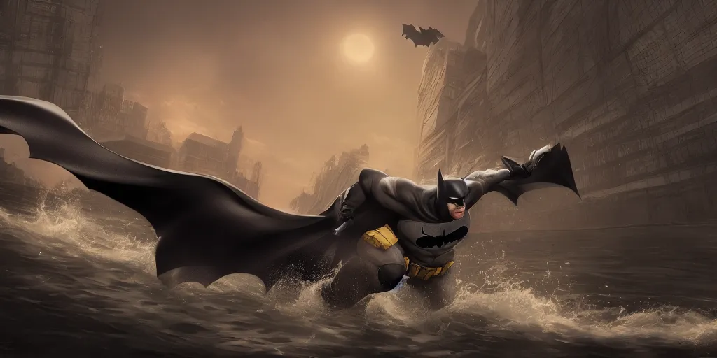 Image similar to Batman going for a swim, hyperdetailed, artstation, cgsociety, 8k