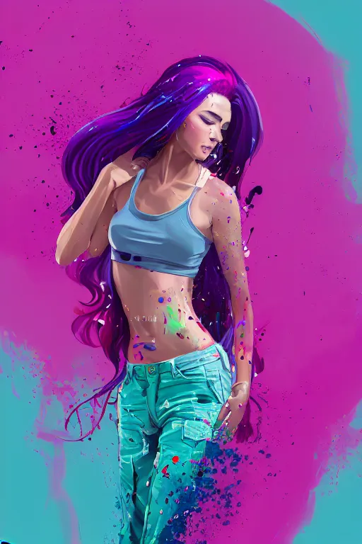 Image similar to a award winning half body portrait of a beautiful woman in a croptop and cargo pants with ombre purple pink teal hairstyle with head in motion and hair flying by wlop, paint splashes, splatter, outrun, vaporware, shaded flat illustration, digital art, trending on artstation, highly detailed, fine detail, intricate