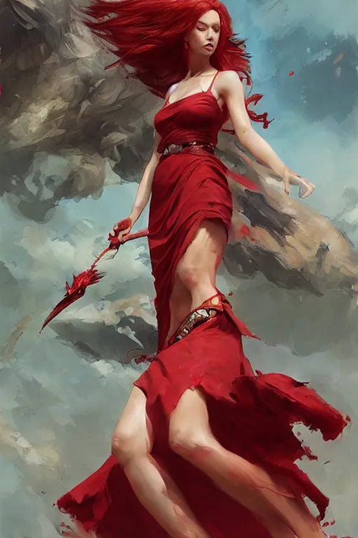 Prompt: Red hair woman in a sundress with a red dragon ,by Greg Rutkowski, Ruan Jia, Kentaro Miura, Artgerm