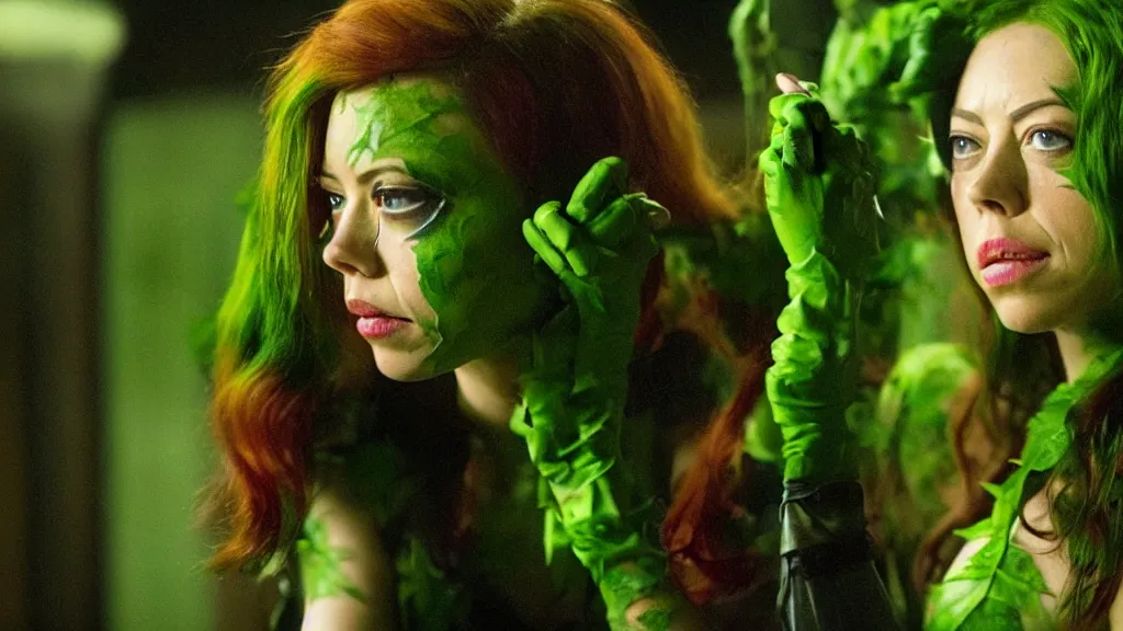 Image similar to Aubrey Plaza as Poison Ivy in The Dark Knight, green skin film still from the movie directed by Denis Villeneuve with art direction by Salvador Dalí, wide lens