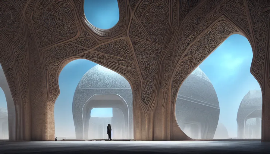 Image similar to the inside of a monument with arabian motifs, by tim blandin and arthur haas and bruce pennington and john schoenherr, big windows architecture by zaha hadid, octane render, cinematic, scenery, cgsociety, modernism, futuristic, trending on artstation, sci - fi, high detail, high quality, close up angle, people walking