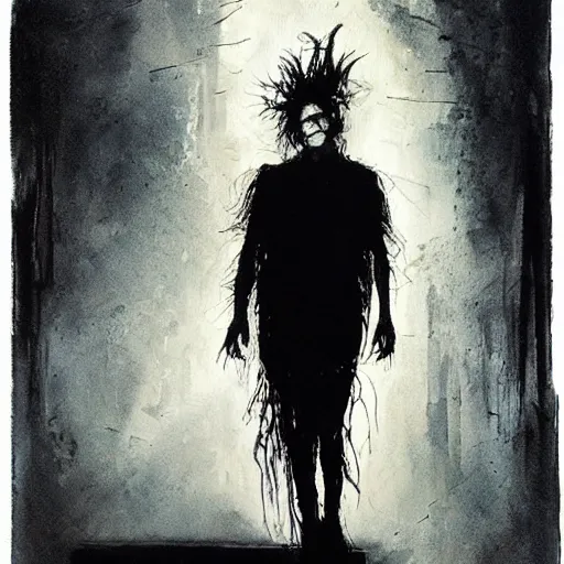 Image similar to gaunt ( the cure fan ) as dream from sandman, by jeremy mann, by cedric peyravernay, by ben templesmith, by dave mckean and richard avedon, dramatic lightning, sadness, closed eyes, dark eye sockets, in the shadows, black t - shirt, 1 9 8 0's, punk rock, gothic, high detailed, 8 k