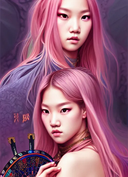 Image similar to jossi of blackpink, samurai, tarot card, highly detailed, digital painting, smooth, sharp focus, illustration, ultra realistic, 8 k, art by artgerm and alphonse mucha