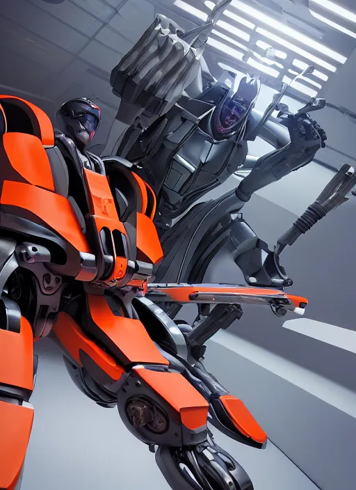 Image similar to a Photorealistic dramatic hyperrealistic full frame render of a Sleek futuristic exosuit Freedom Formula Racing Mech,Ultra realistic details,glossy white metal,Orange racing stripes,weathered surfaces,by Hidetaka Tenjin,Yoh Yoshinori,Yoji Shinkawa,Masamune Shirow,Beautiful dramatic dark moody tones and lighting,cinematic atmosphere,studio lighting,shadows,dark background, Octane render,8K