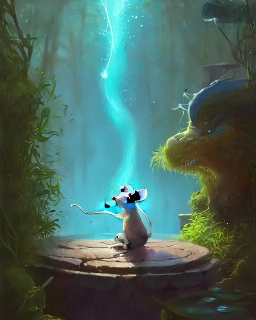 Image similar to highly detailed vfx portrait of a cute little rat casting water magic, unreal engine, greg rutkowski, loish, rhads, beeple, makoto shinkai and lois van baarle, ilya kuvshinov, rossdraws, tom bagshaw, alphonse mucha, global illumination, detailed and intricate environment