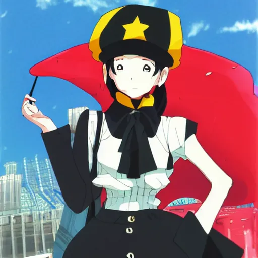 Prompt: anime girl wearing large black beret, black shirt with red star, smug grin, cel - shading, 2 0 0 1 anime, flcl, jet set radio future, golden hour, japanese town, concentrated buildings, japanese neighborhood, electrical wires, cel - shaded, strong shadows, vivid hues, y 2 k aesthetic