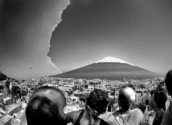 Prompt: old photo of greeks wich drink wine and have fun against the backdrop of mount vesuvius starting to erupt, photo by sebastian salgado, fisheye 4, 5 mm, diffused backlight