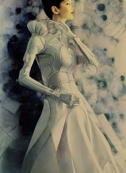 Image similar to a low angle copic maker art nouveau portrait of a japanese futuristic skinny russian beautiful girl detailed features wearing a latex wedding dress with a puffy skirt designed by balenciaga by john berkey, norman rockwell akihiko yoshida
