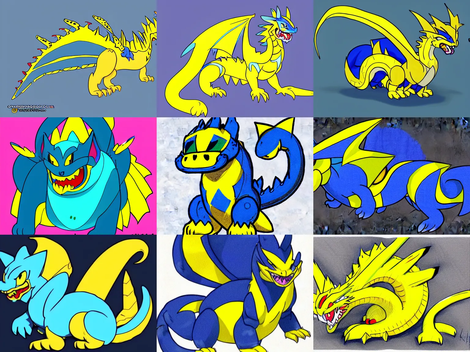 Prompt: a cartoon of a chubby blue and yellow dragon, concept art by Ken Sugimori, featured on deviantart, furry art, furaffinity, deviantart hd, cel shading, commission for