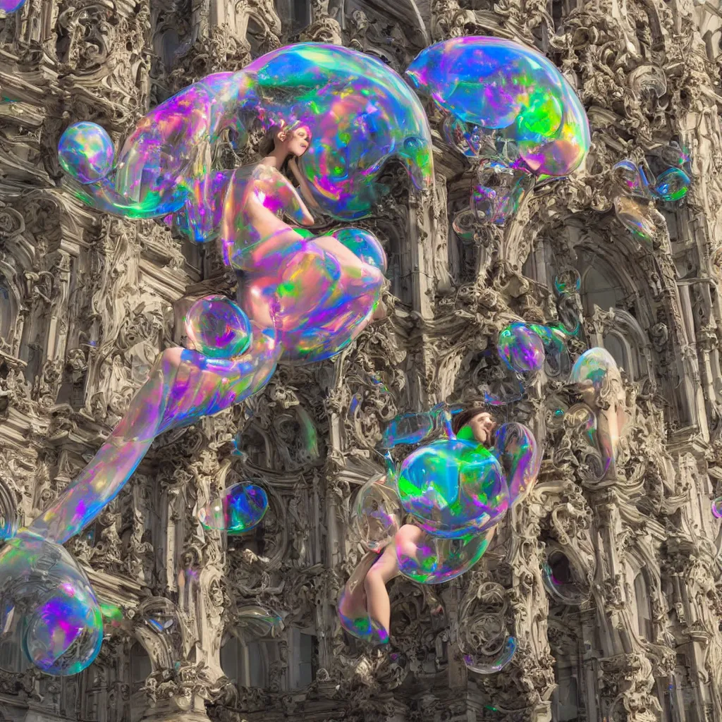 Prompt: a beautiful ex machina girl sitting on an unfinished klein bottle sculptural, chroma iridescence, colors, glassy, reflective and refractive, soap bubbles floating, sitting on baroque theatre architecture background, morning light, data streaming