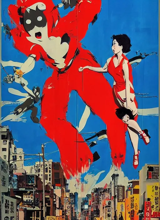 Image similar to attack of the 5 0 foot woman ( 1 9 5 8 ) film as a giant japanese cosplay, girl towering over buildings, by ashley wood, yoji shinkawa, jamie hewlett, 6 0's french movie poster, french impressionism, vivid colors, palette knife and brush strokes, dutch tilt