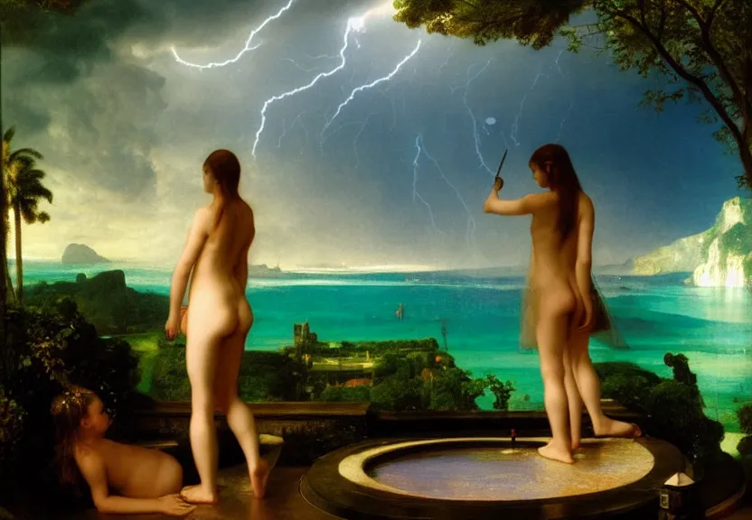 Image similar to Girl at the palace, refracted sparkles, thunderstorm, greek pool, beach and Tropical vegetation on the background major arcana sky, by paul delaroche, hyperrealistic 4k uhd, award-winning, very very very detailed