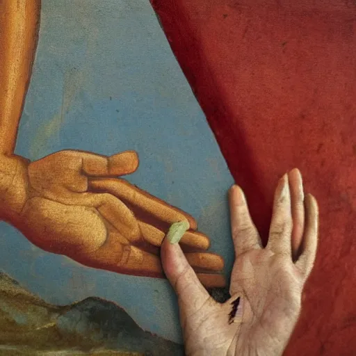 Image similar to hand reaching out to save a life, fresco painting