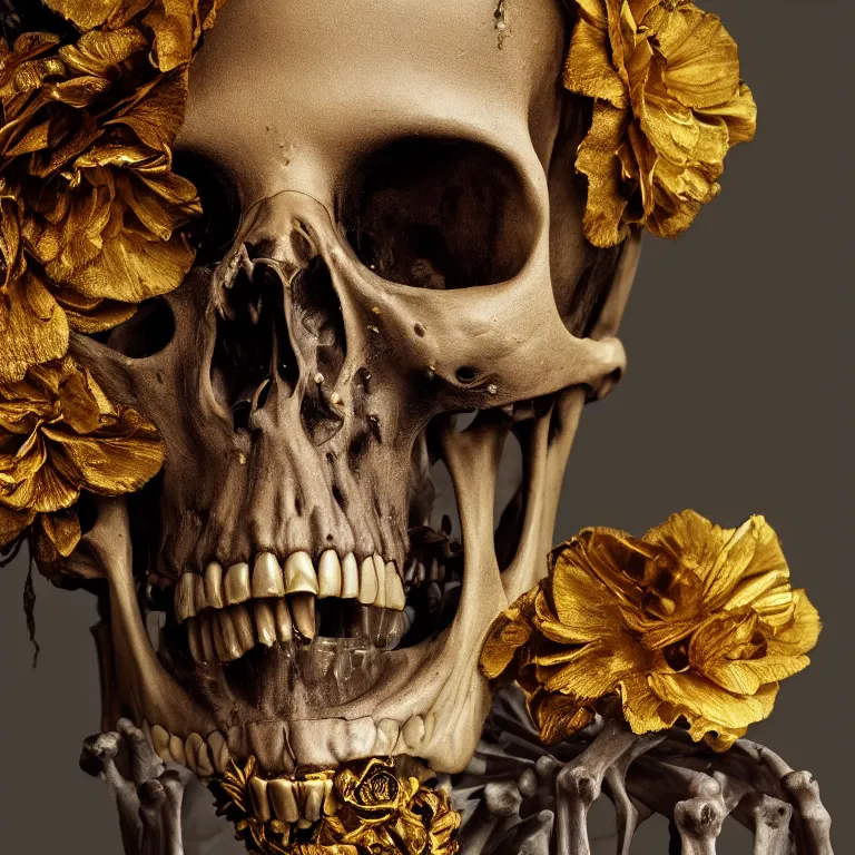 Image similar to A beautiful oil painting hyperrealism of a decayed black skeleton head, rotting black clay skin, bones, close up, gold flowers, gold floral headdress, 8k resolution, octane render