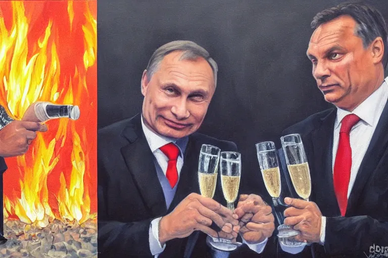 Image similar to viktor orban drinking champagne with putin in front a burning city, oil painting