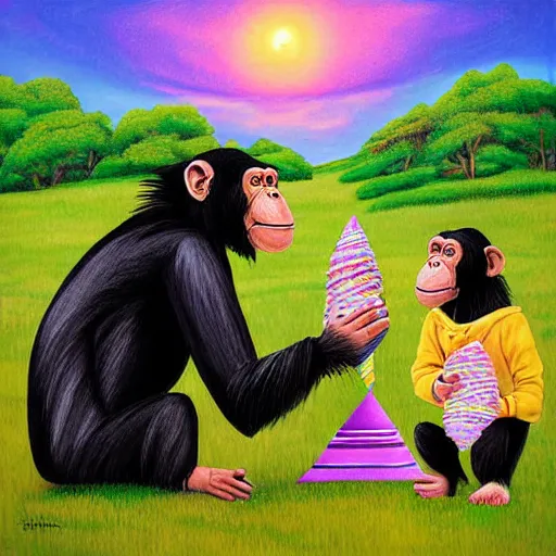 Image similar to a detailed art painting chimpanzee photograph of two chimpanzees!!! worshiping a giant ice cream cone sent by aliens that chimpanzees are worshiping, at dawn. by digital artists.