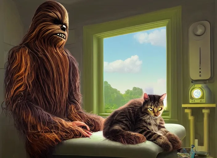 Image similar to wookiee is comfy at home trading crypto with his cat. the charts are at all time highs, gains, green charts, painting by grant wood, 3 d rendering by beeple, wlop