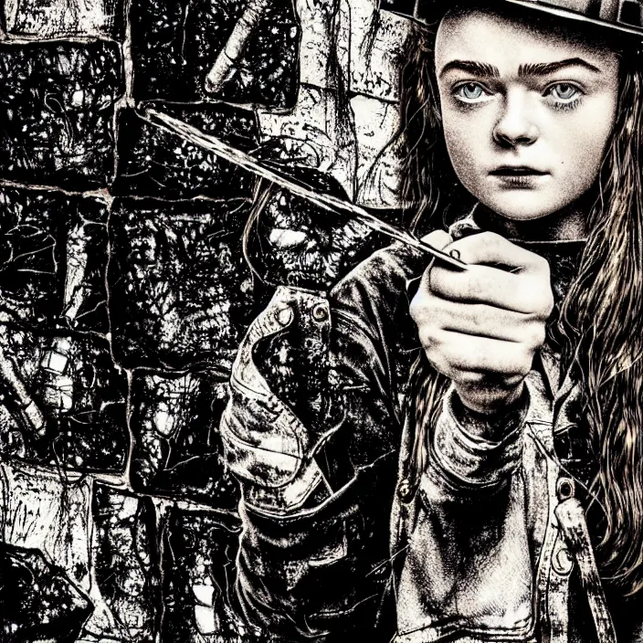 Image similar to extreme close - up on sadie sink as a miner : she lifts a chunk of bread with her hand. background : black!! tiles on walls. black and white, pencil and ink. by gabriel hardman, joe alves, chris bonura. cinematic atmosphere, detailed and intricate, perfect anatomy