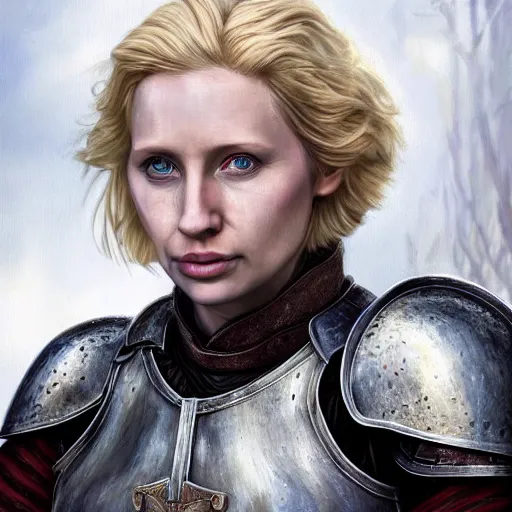 Prompt: head and shoulders portrait of a female knight, brienne of tarth, breastplate, game of thrones, by artgerm, face detail, extremely detailed, photo