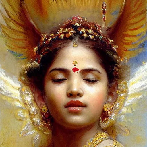 Image similar to detailed portrait of hindu traditional girl with angel wings coming down to earth in baroque painting, girl graceful, eyes closed, painting by gaston bussiere, craig mullins, j. c. leyendecker