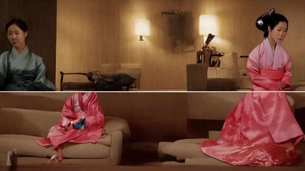 Image similar to woman in hanbok sitting on a couch, starfish monster's shadow is seen behind her, korean interior, kaiju - eiga monster movie by denis villeneuve, cinematography by akira kurosawa and ishiro honda