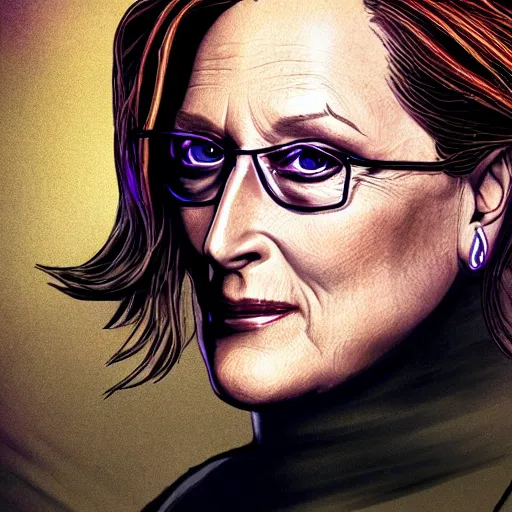 Image similar to meryl streep portrait, borderlands, tales from the borderlands, the wolf among us, comic, cinematic lighting, studio quality, 8 k