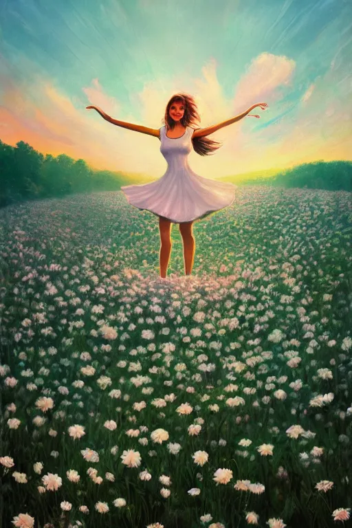 Image similar to giant white daisy flower head, girl dancing in a flower field, surreal photography, sunrise, dramatic light, impressionist painting, colorful clouds, digital painting, artstation, simon stalenhag