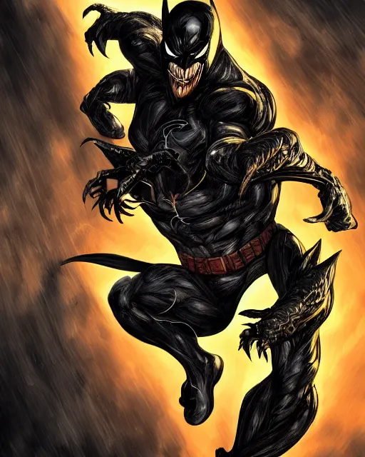 Image similar to venom as batman, with the powers of flash, dynamic lighting, fantasy concept art, trending on art station, stunning visuals, creative, cinematic, ultra detailed, comic strip style, sumihei