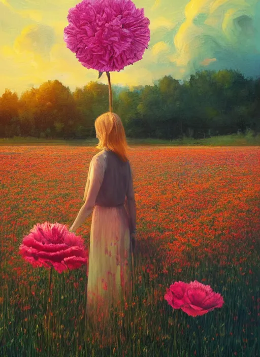 Prompt: portrait of a woman with a giant carnation as a face, flower field, surreal photography, sunset dramatic light, impressionist painting, colorful clouds, blue sky, digital painting, artstation, simon stalenhag