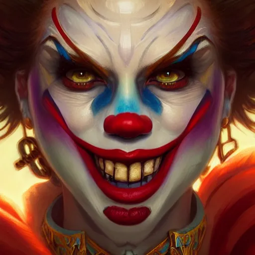 Image similar to Xenu in clown makeup, closeup, D&D, fantasy, intricate, elegant, highly detailed, digital painting, artstation, concept art, matte, sharp focus, illustration, hearthstone, art by Artgerm and Greg Rutkowski and Alphonse Mucha