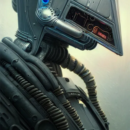 Image similar to low angle shot of a cyberpunk gazmask robot character, intricate, elegant, highly detailed, centered, digital painting, artstation, concept art, smooth, sharp focus, illustration, artgerm, Tomasz Alen Kopera, Peter Mohrbacher, donato giancola, Joseph Christian Leyendecker, WLOP, Boris Vallejo