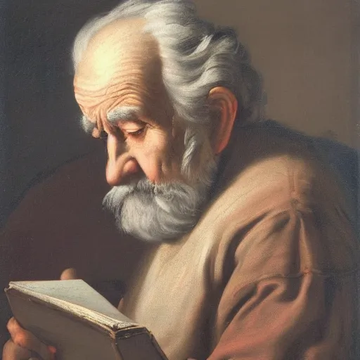 Image similar to a matte oil painting, baroque, wistful old man stares at an empty page, longing desparate expression,