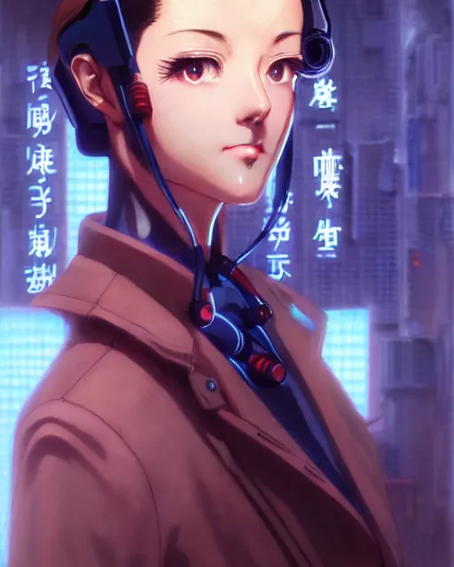 Image similar to portrait Anime 1940s Detective Neon cybernetic cute fine face, pretty face, realistic shaded Perfect face, fine details. Anime. cyberpunk realistic shaded lighting by katsuhiro otomo ghost-in-the-shell, magali villeneuve, artgerm, rutkowski Jeremy Lipkin and Giuseppe Dangelico Pino and Michael Garmash and Rob Rey