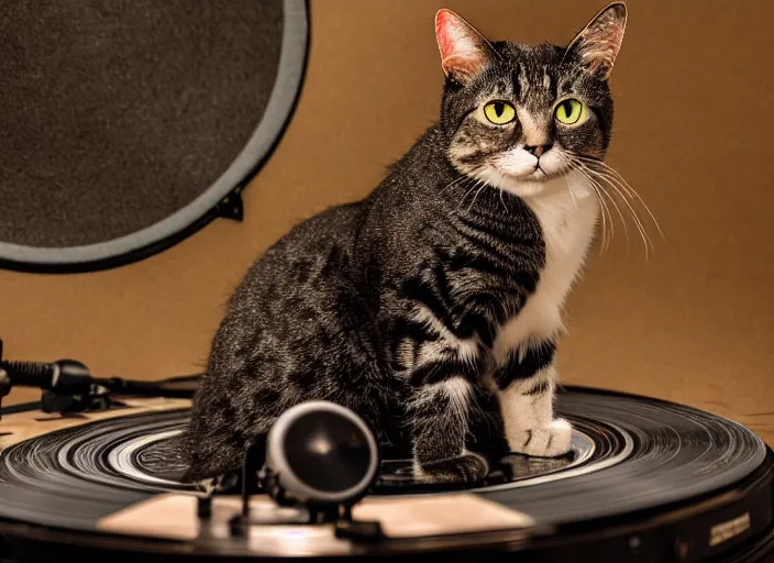 Image similar to photography of a Cat sitting on a record player. in a room full of vinyls and posters out of the 70's, photorealistic, raining award winning photo, 100mm, sharp, high res
