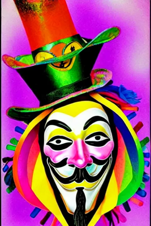 Image similar to guy fawkes mask, lisa frank + salvador dali,