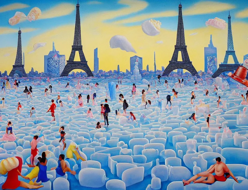 Image similar to a painting of ice sculptures made of icecream in the shape of the skyline of paris with eiffel tower on a very sunny summer day, very hot and the ice is melting fast and people are swimming in the icecream in the style of james jean and fernando botero