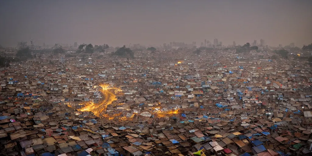 Image similar to AJEGUNLE SLUMS of Lagos surrounding large UFO within NEON rays of light, photographed by Martha Cooper, wide angle, Gold hour light,