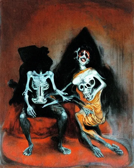 Prompt: dark fleshy figure seated next to another dark angey figure laughing in a messy living room by Francisco Goya and Francis Bacon and Jamea Jean, vibrant pueple background, mythological painting, oil painting, triadic color scheme, very coherent, Figure laughing seated on a throne made out of bones inside interior room, Beksinski painting, masterpiece, artstation