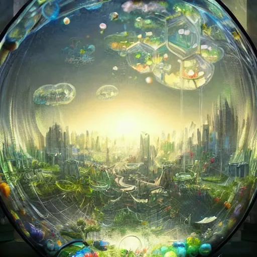 Image similar to a bubble terrarium utopia, with cities galore, dynamic lighting, fantasy concept art, trending on art station, stunning visuals, creative, cinematic, ultra detailed