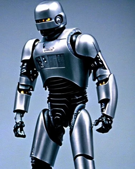 Image similar to film still close - up shot of dwayne johnson as robocop from the movie robocop. photographic, photography