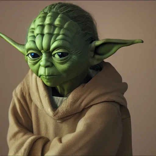 Image similar to young yoda in the dark, au naturel, hyper detailed, digital art, trending in artstation, cinematic lighting, studio quality, smooth render, unreal engine 5 rendered, octane rendered, art style by klimt and nixeu and ian sprigger and wlop and krenz cushart