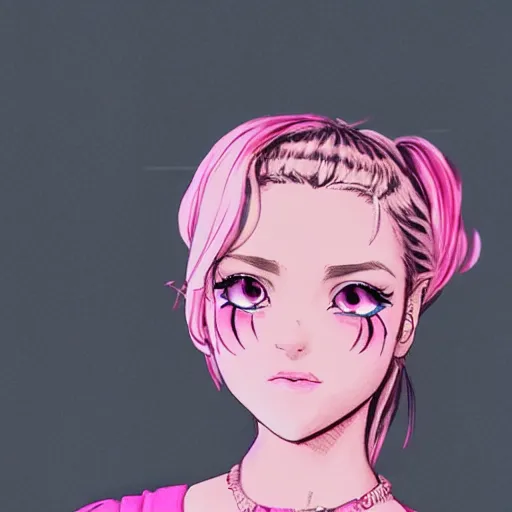 Prompt: beautiful pink little girl, profile picture, vintage fashion, highly detailed, reflection, 8 k, realistic artwork, hd, inspired by jojo bizarre adventure, 9 0 s anime art style