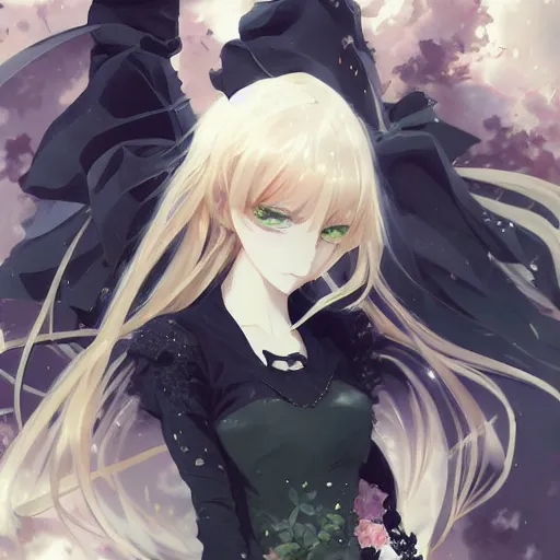 Prompt: victorique de blois anime sexy girl gosick super detailed green eyes black dress blonde hair by greg rutkowski makoto shinkai aramaki shinji artgerm, cushart krenz key art feminine award winning