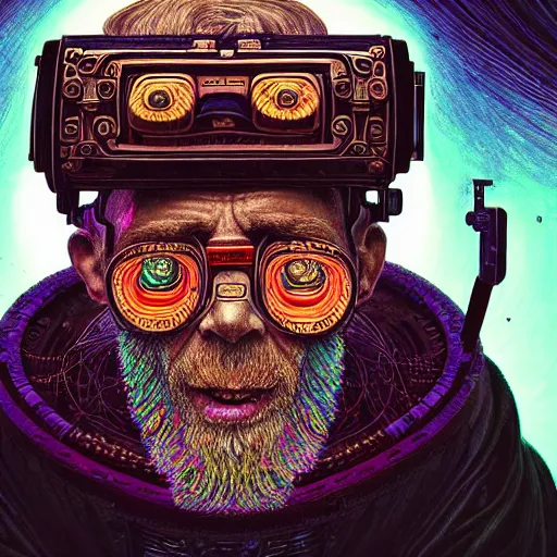 Image similar to Colour Photography of 1000 years old man with highly detailed 1000 years old face wearing higly detailed cyberpunk VR Headset designed by Josan Gonzalez Many details. Man raging screaming . In style of Josan Gonzalez and Mike Winkelmann andgreg rutkowski and alphonse muchaand Caspar David Friedrich and Stephen Hickman and James Gurney and Hiromasa Ogura. Rendered in Blender