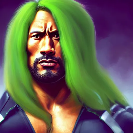 Prompt: portrait of dwayne johnson, long extremely curly green hair, expressive pose, futuristic, highly detailed, digital painting, artstation, concept art, smooth, sharp focus