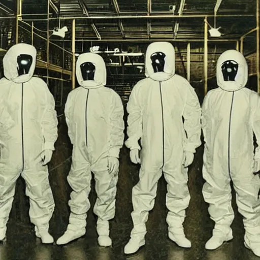 Image similar to spooky alien ship inside a hanger, old photo, vintage photo, grainy, realistic, real photo, men in hazmat suits standing around